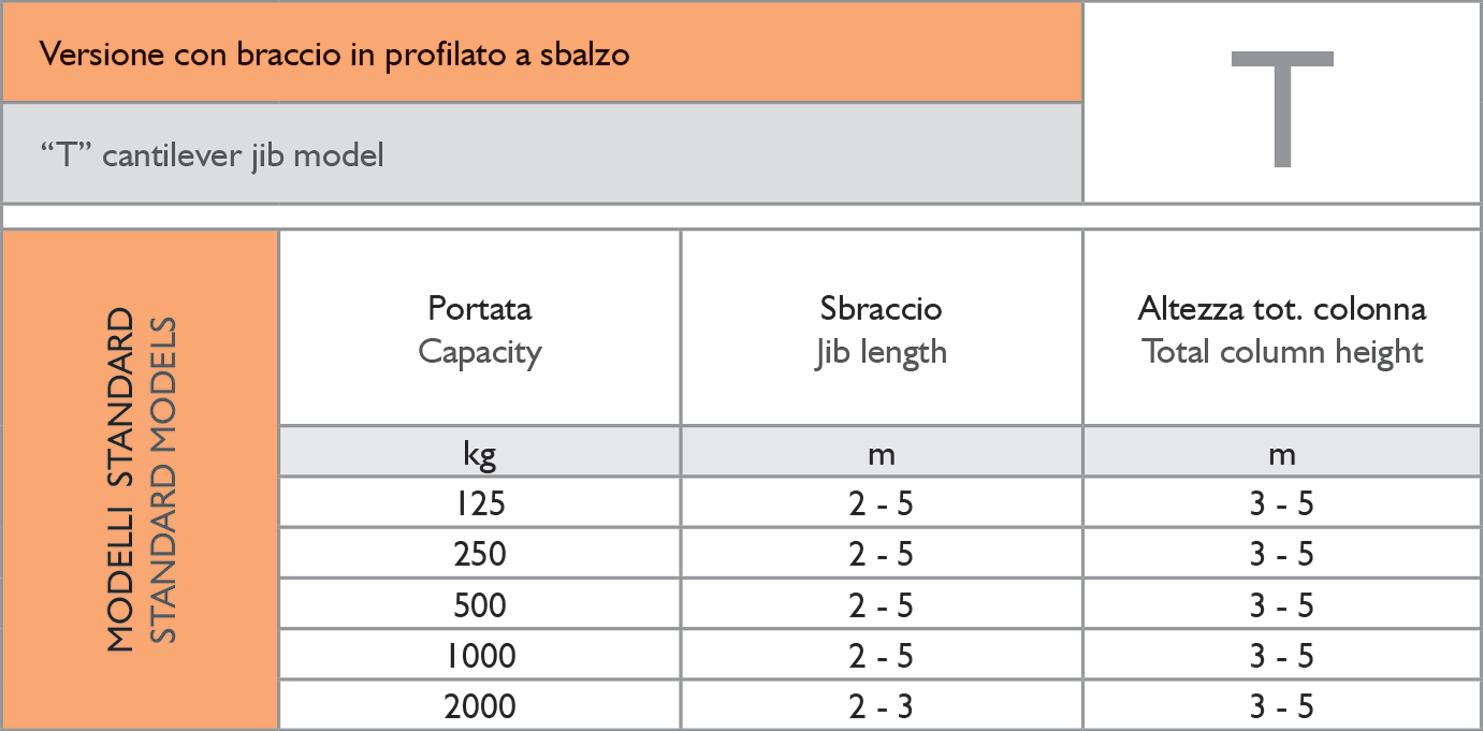 gru a bandiera braccio profilato - dati tecnici
